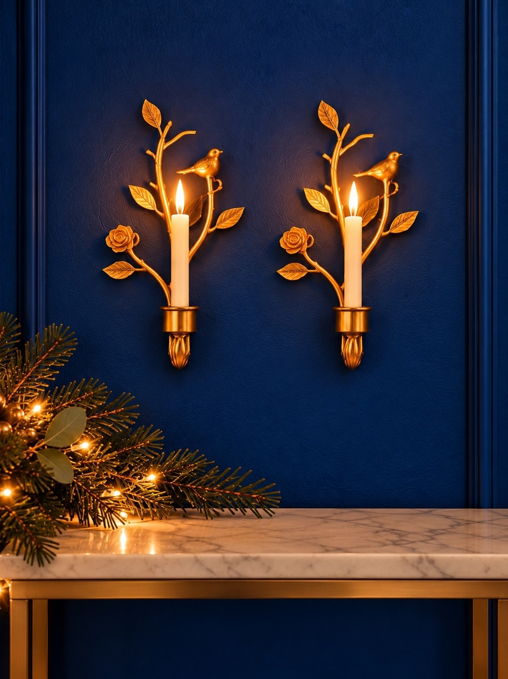 Gold Floral Bird Wall Candleholders Set - Home Holiday